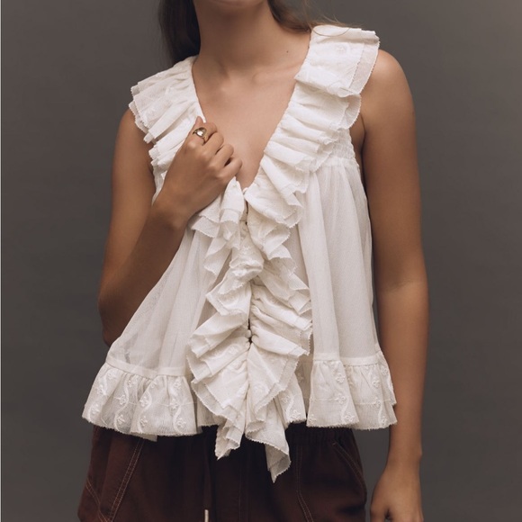 NWT Anthropologie White Embroidered Sheer Ruffle Swing Top XL - Picture 1 of 6